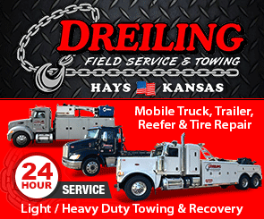 Dreiling Field Service & Towing flyer — 24 hour service, mobile truck, trailer, reefer & tire repair, light & heavy duty towing and recovery in Hays, Kansas