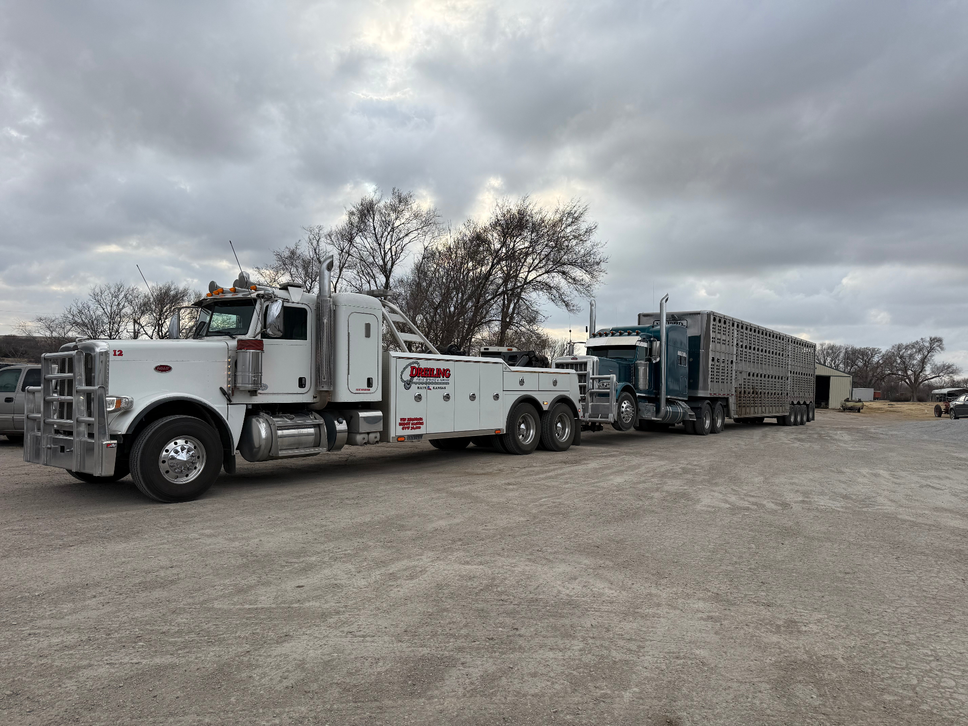 Dreiling heavy-duty white Peterbilt wrecker towing a Peterbilt semi with a livestock cattle trailer in Hays, Kansas